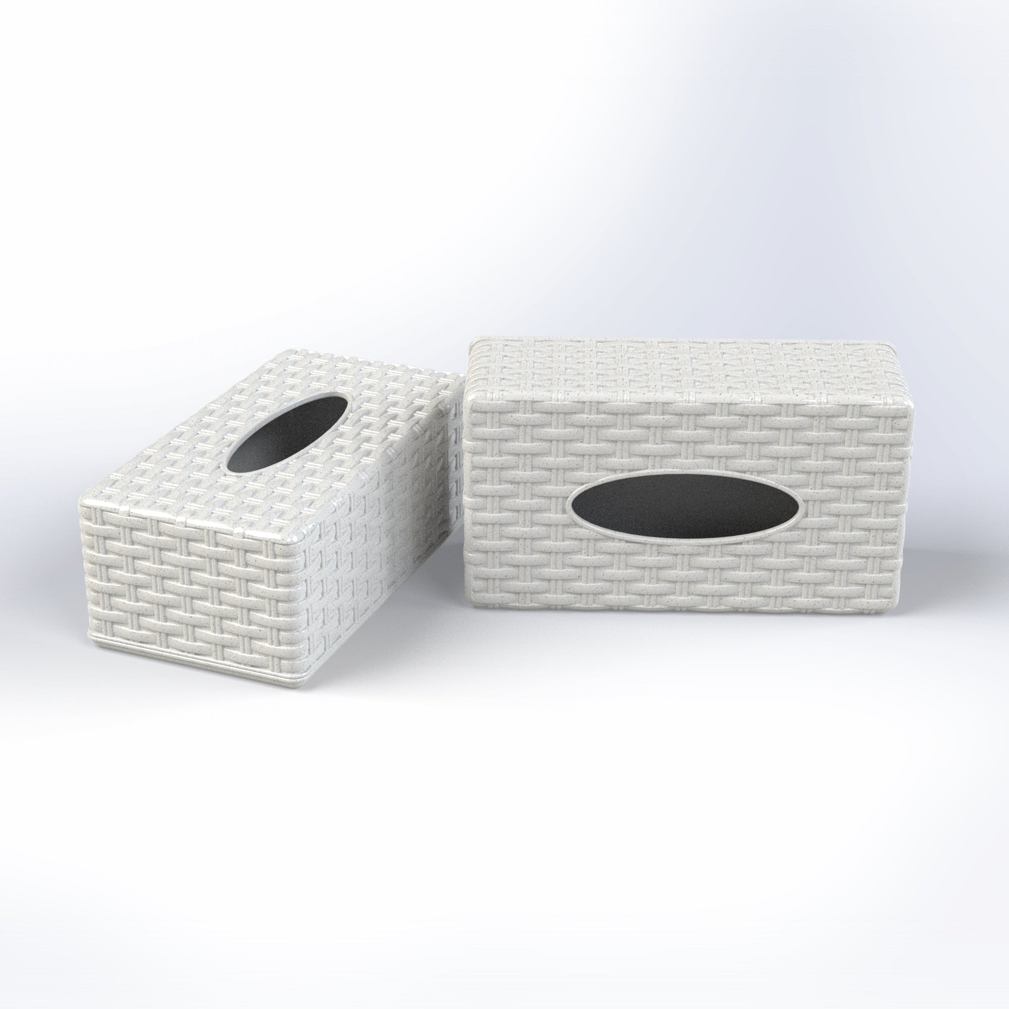 Marcolo 2 white woven plastic rattan tissue box holders.