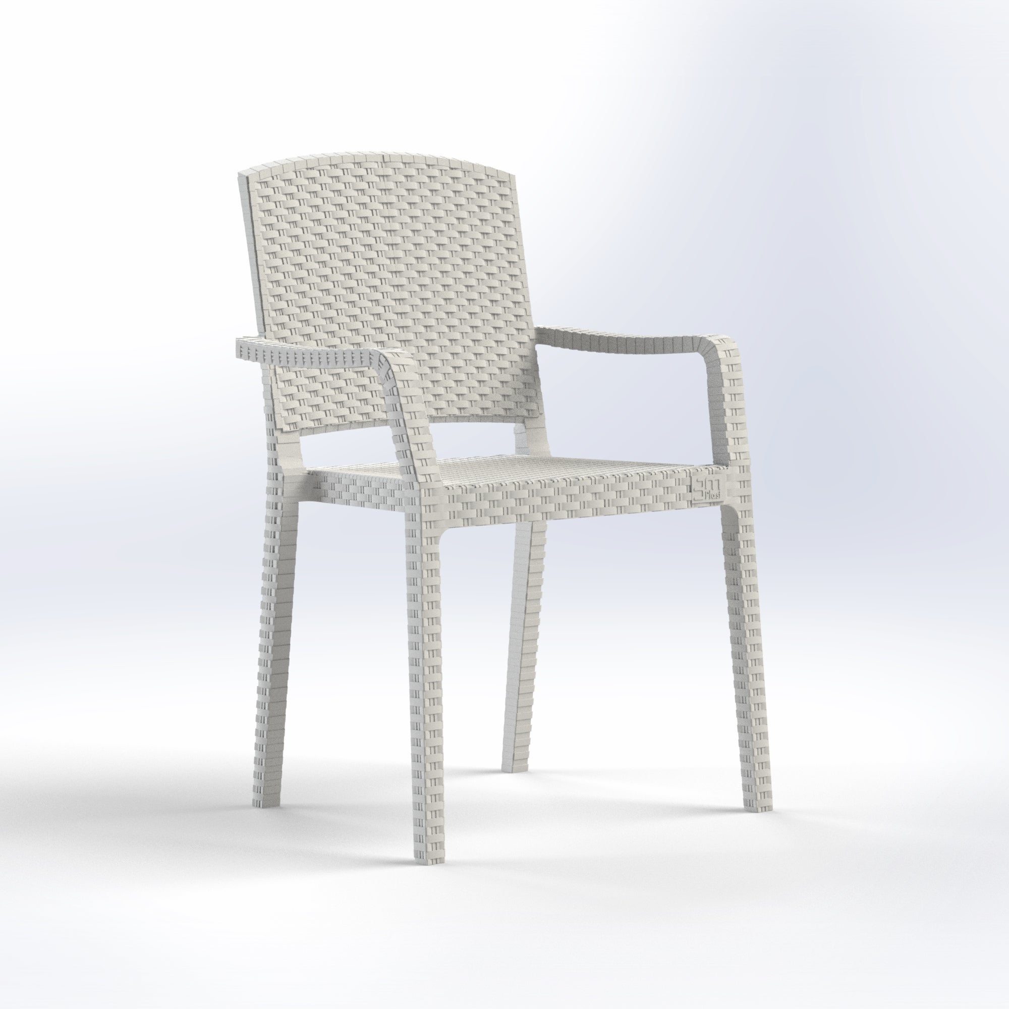 Marcolo white plastic rattan-style armchair.
