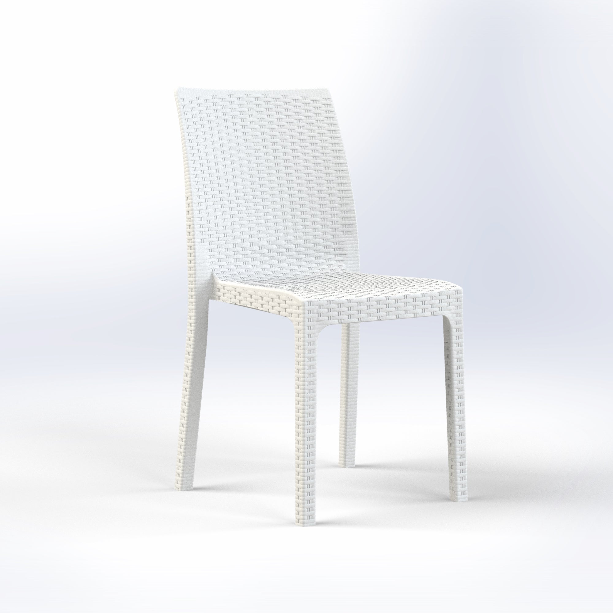 Marcolo white armless plastic chair with woven texture.