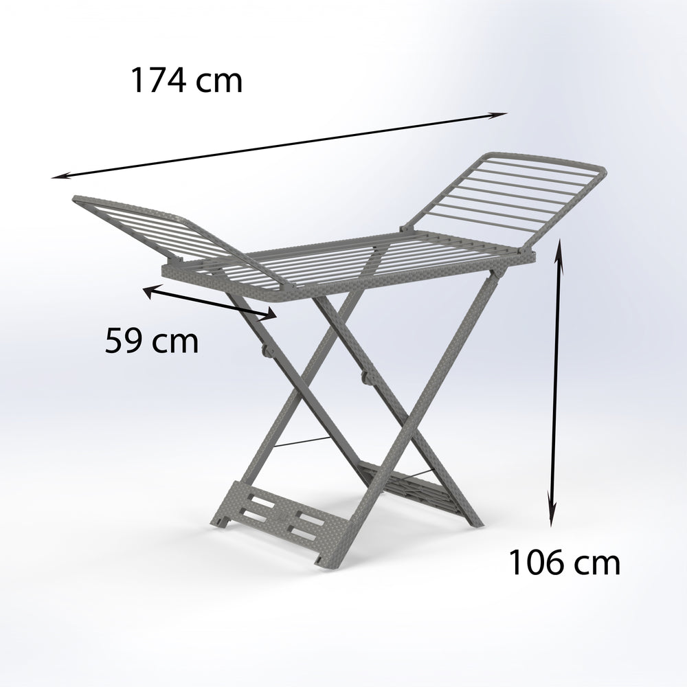 Marcolo folding gray clothes drying rack with dimensions.