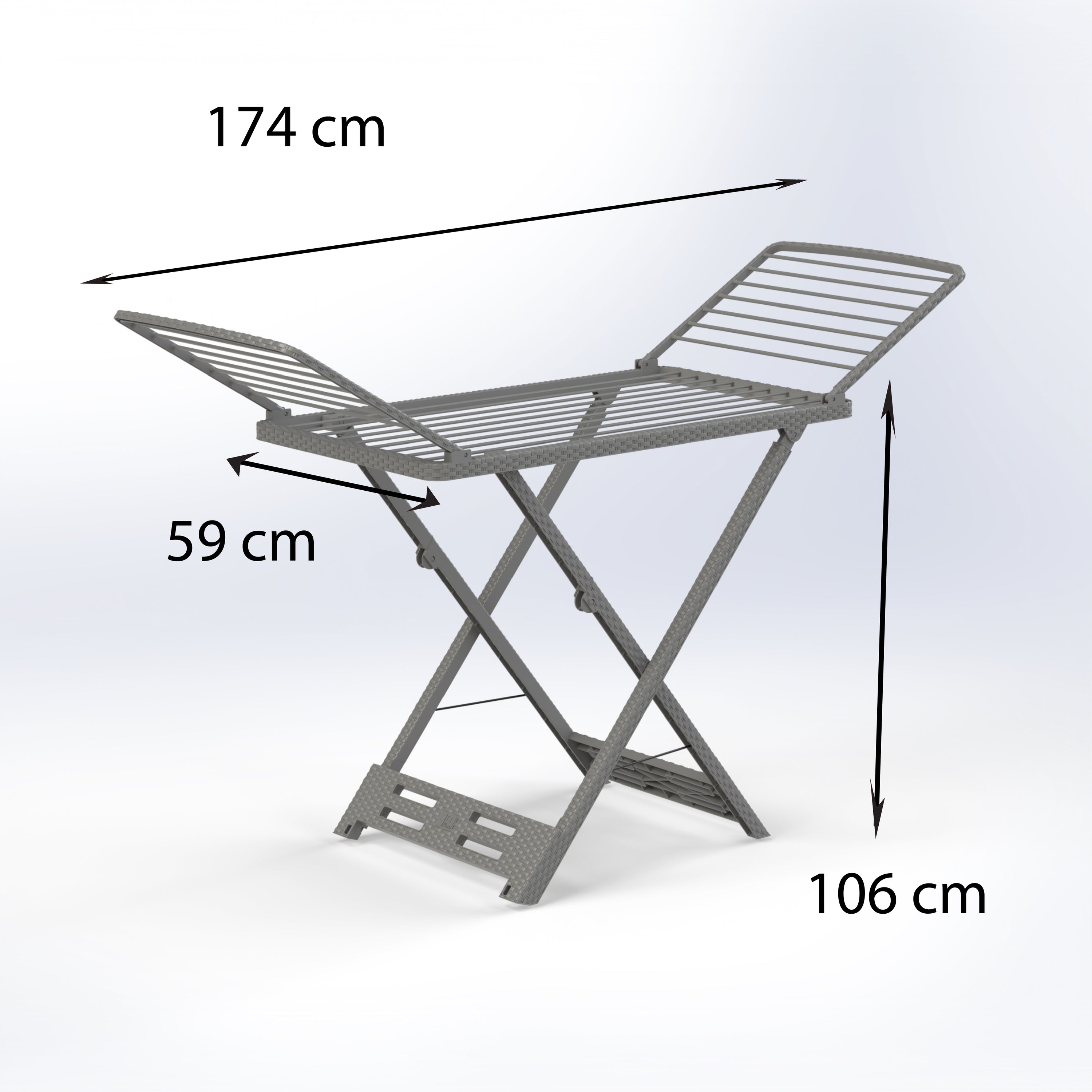 Marcolo folding gray clothes drying rack with dimensions.