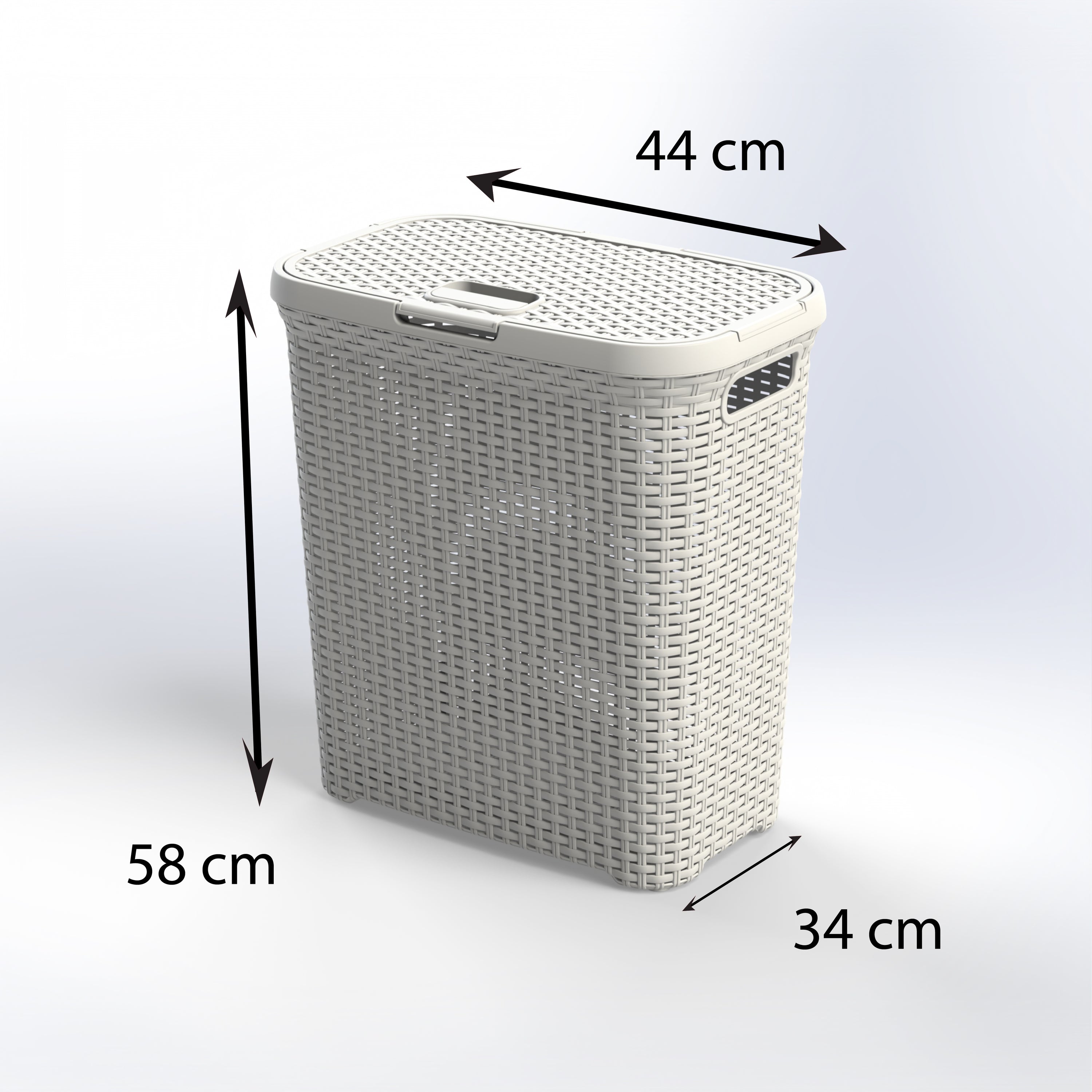 Marcolo white woven laundry hamper with dimensions (58 cm tall).