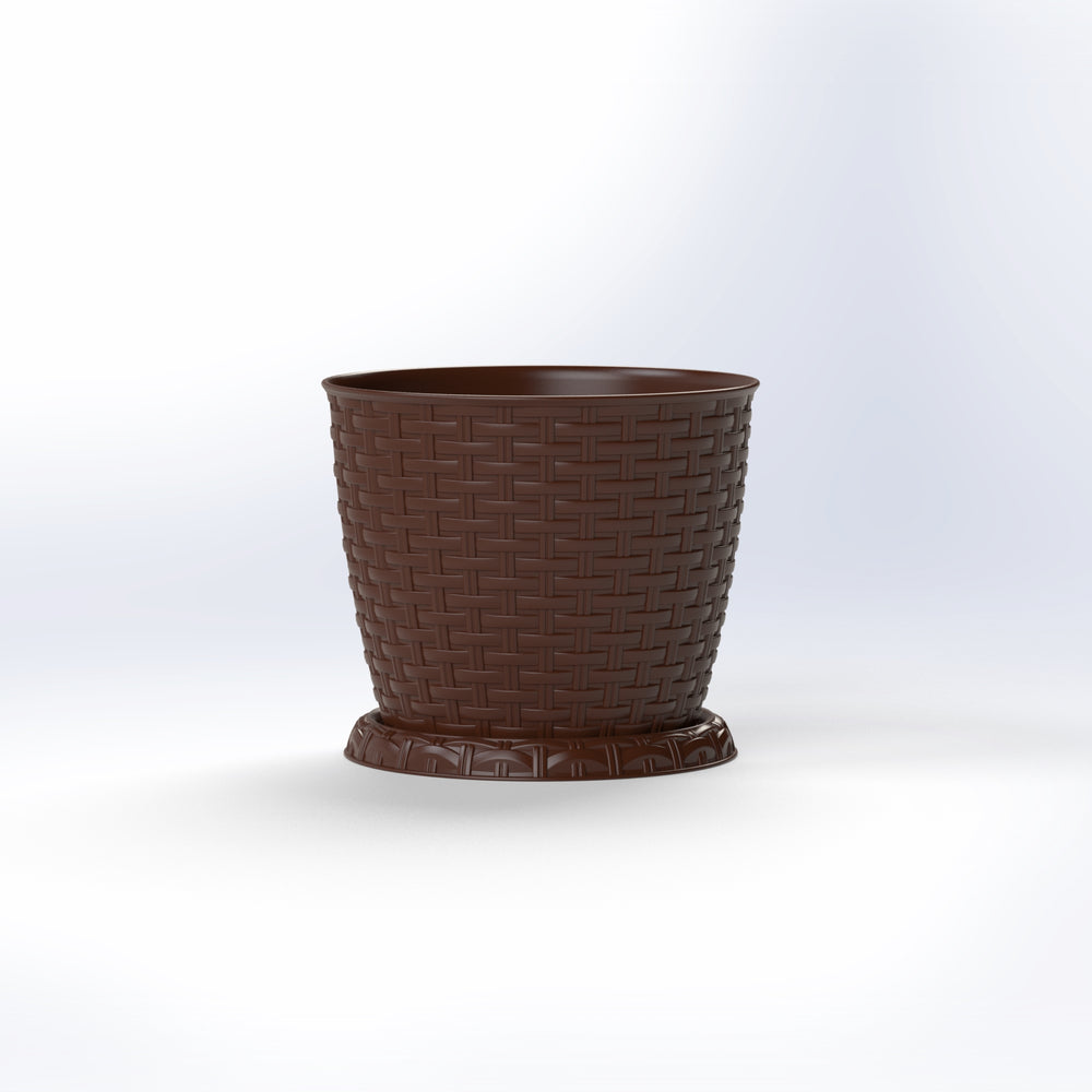 Marcolo round plastic planter in brown with a woven texture and detachable base.
