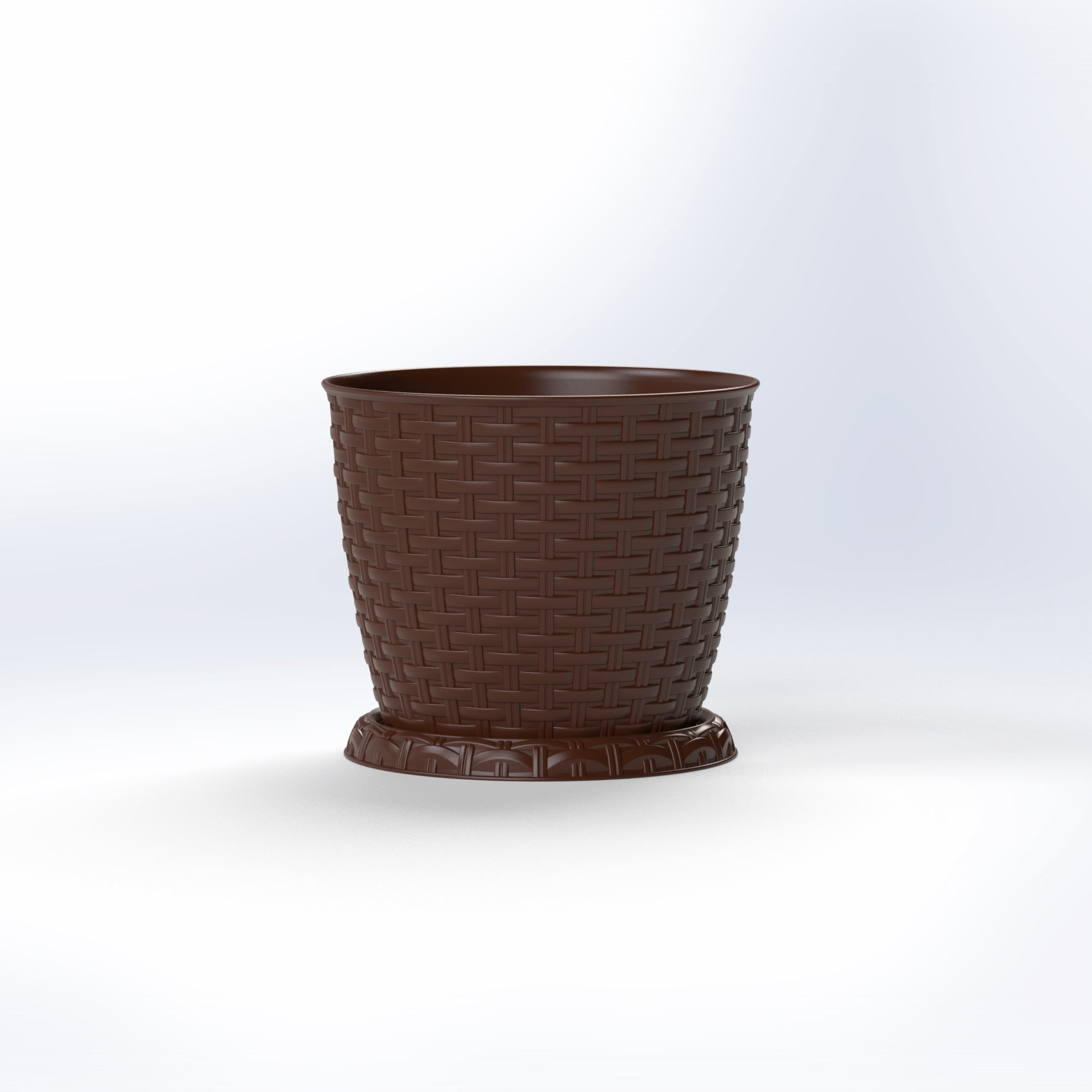Marcolo round plastic planter in brown with a woven texture and detachable base.