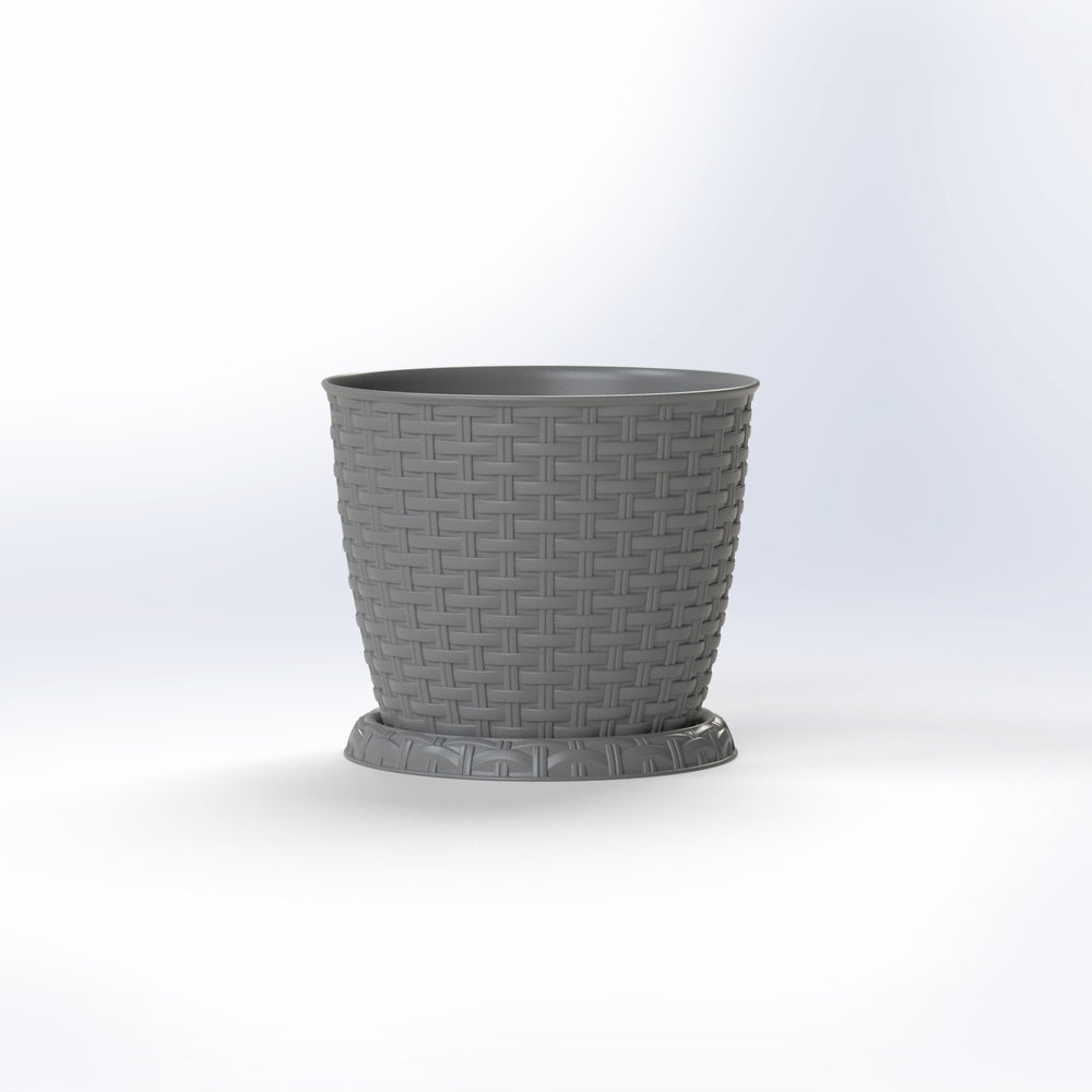 Gray, woven-look plastic Marcolo plant pot with saucer.