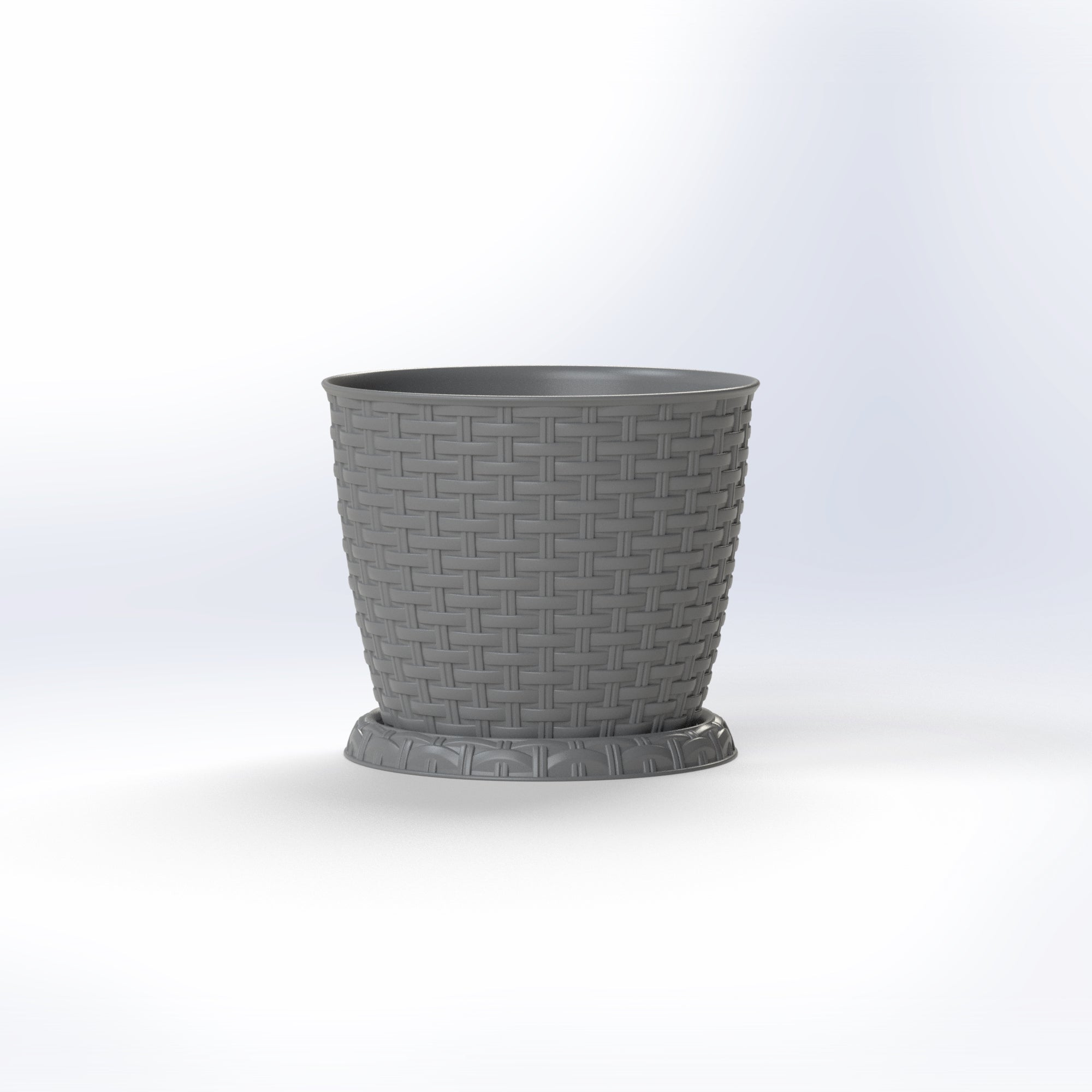 Gray, woven-look plastic Marcolo plant pot with saucer.
