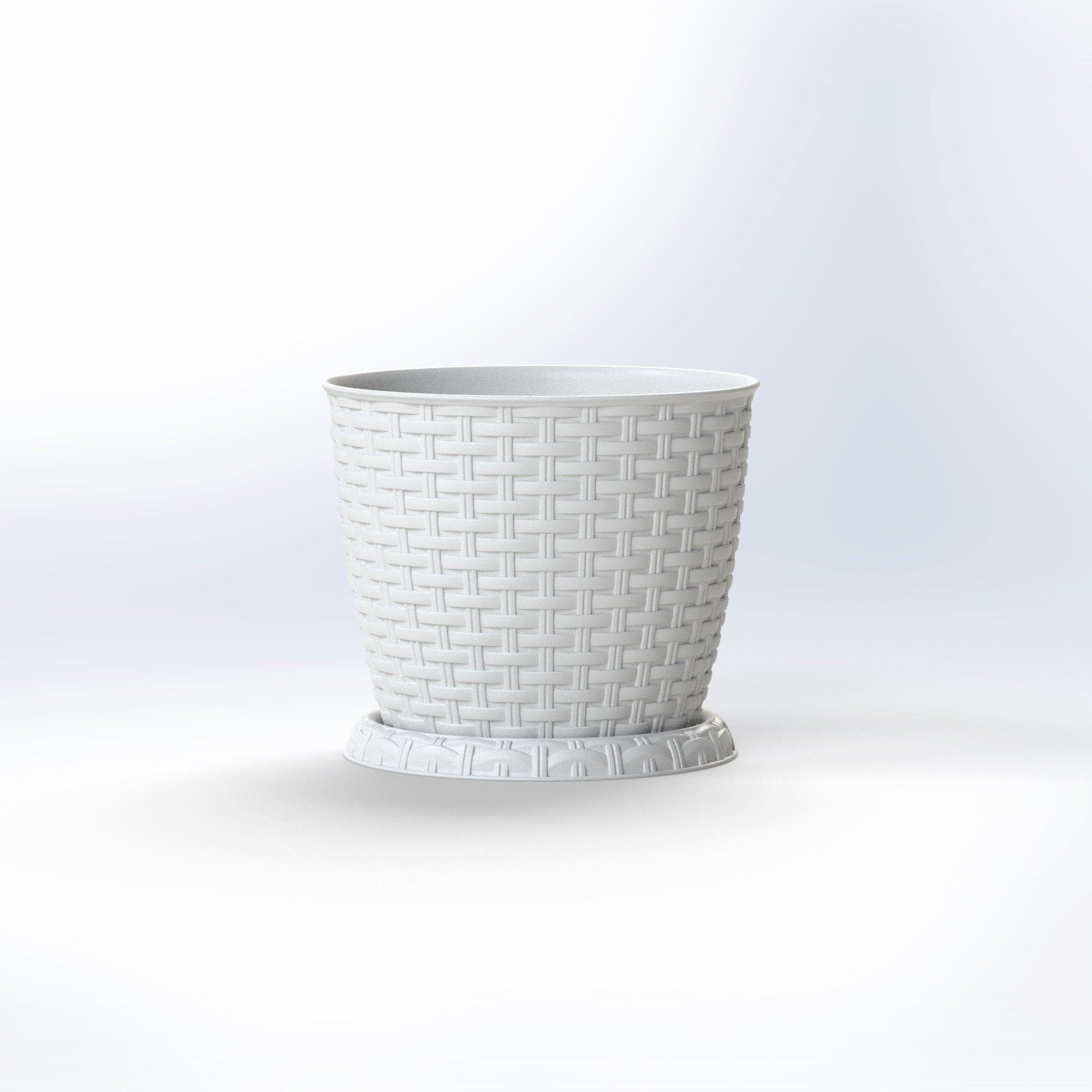 Marcolo white woven-texture plastic flower pot and saucer.