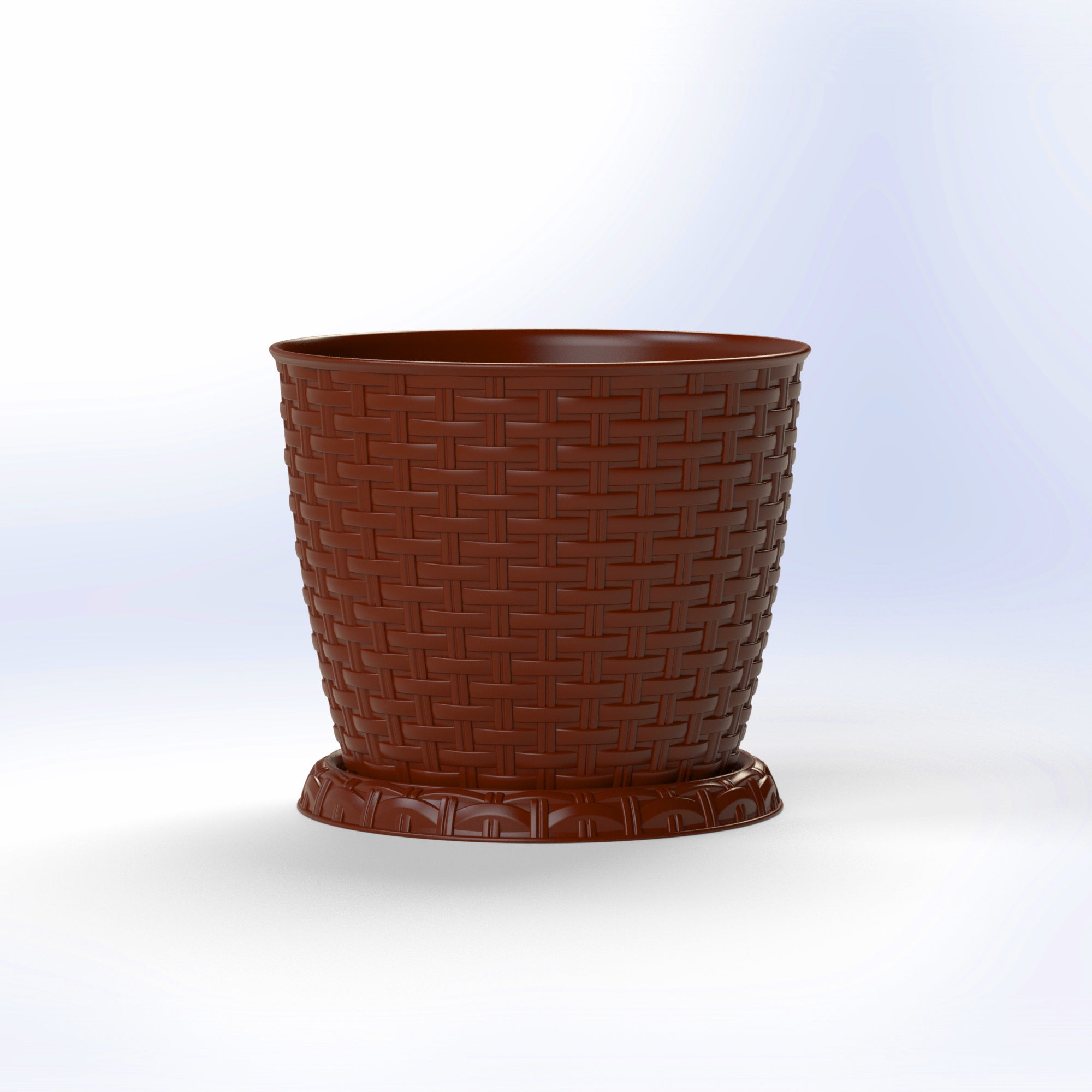 Marcolo brown rattan-style circular trash can or planter.