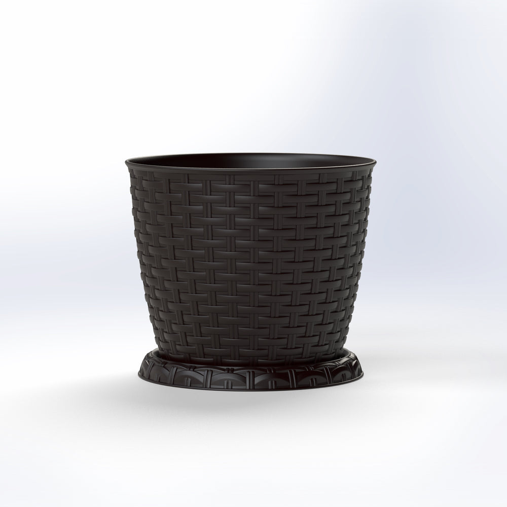Marcolo brown rattan-style trash can with round base.
