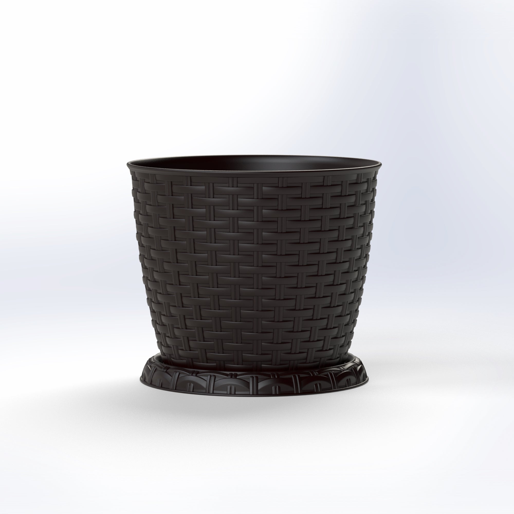 Marcolo brown rattan-style trash can with round base.