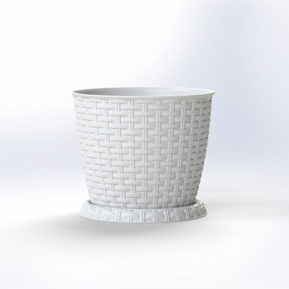 Marcolo white rattan-style flower pot & tray.