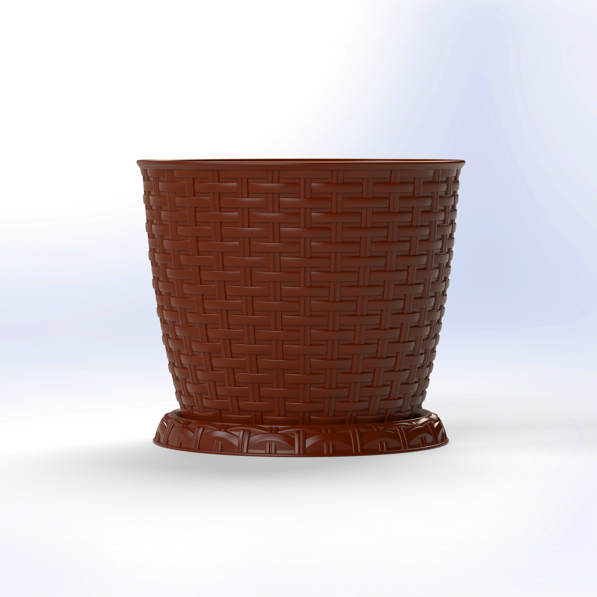 Marcolo brown woven plastic planter pot with saucer.