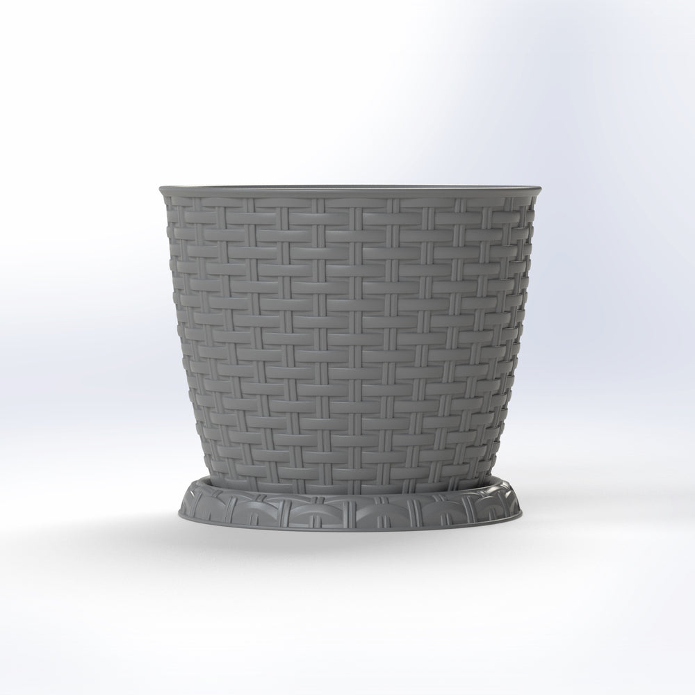 Gray plastic planter with a woven texture and saucer.
