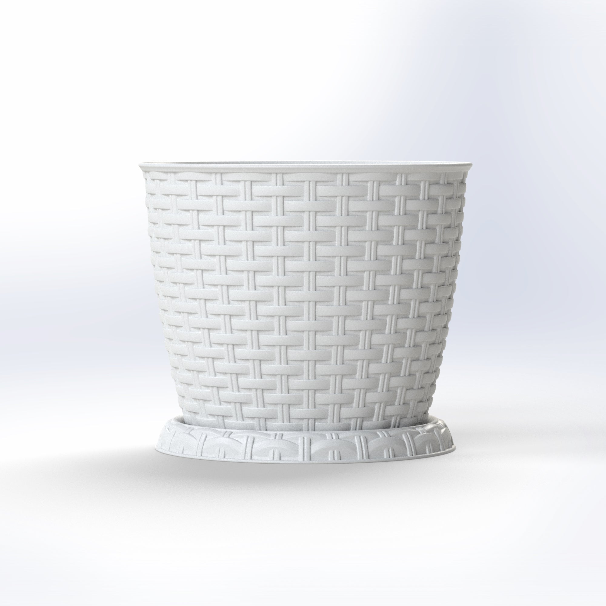 Marcolo white woven plastic planter pot with saucer.