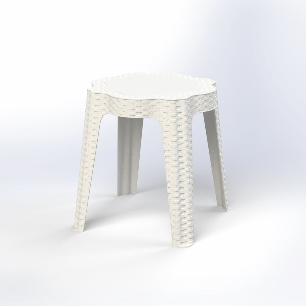 Marcolo white woven plastic stool with flower-edge top.