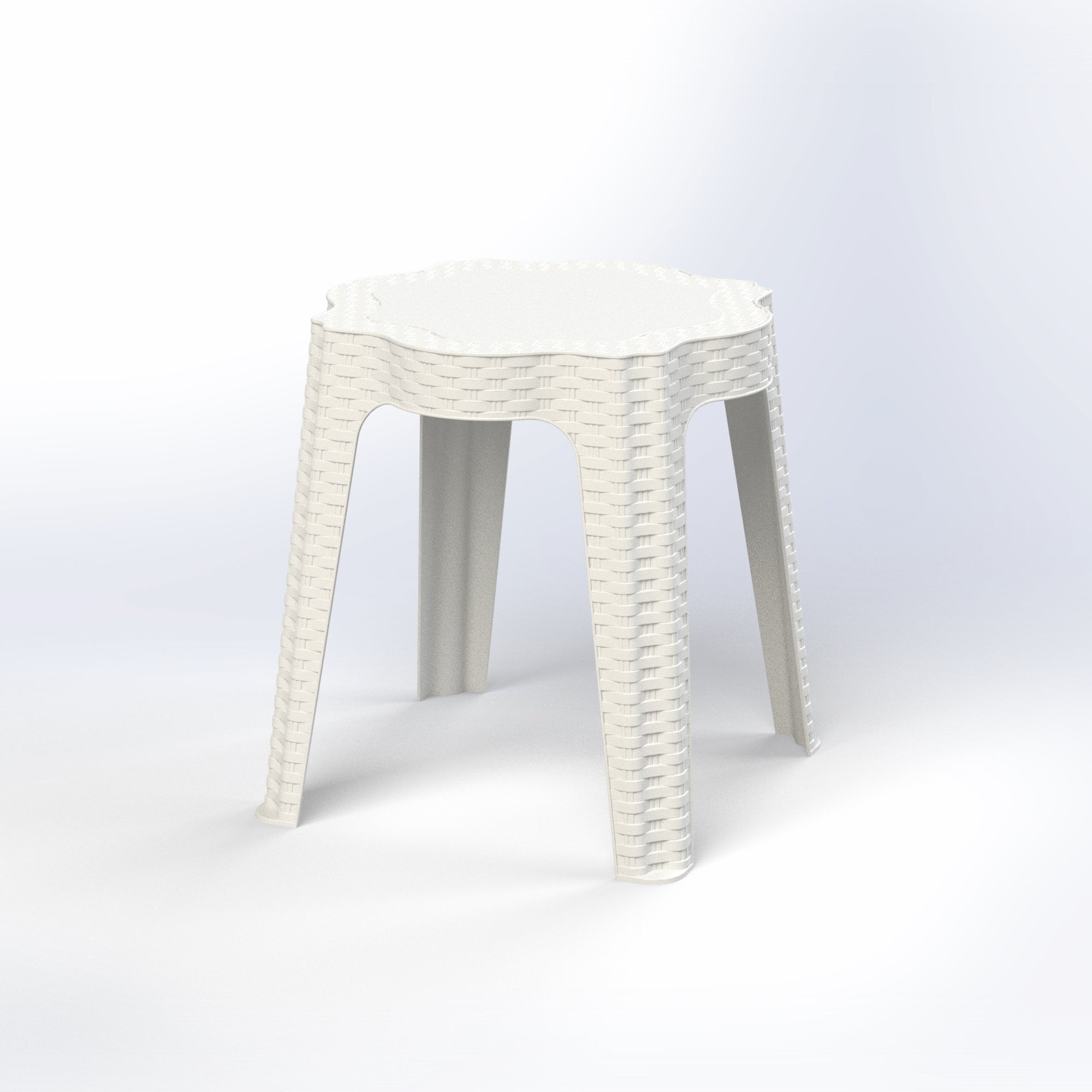 Marcolo white woven plastic stool with flower-edge top.