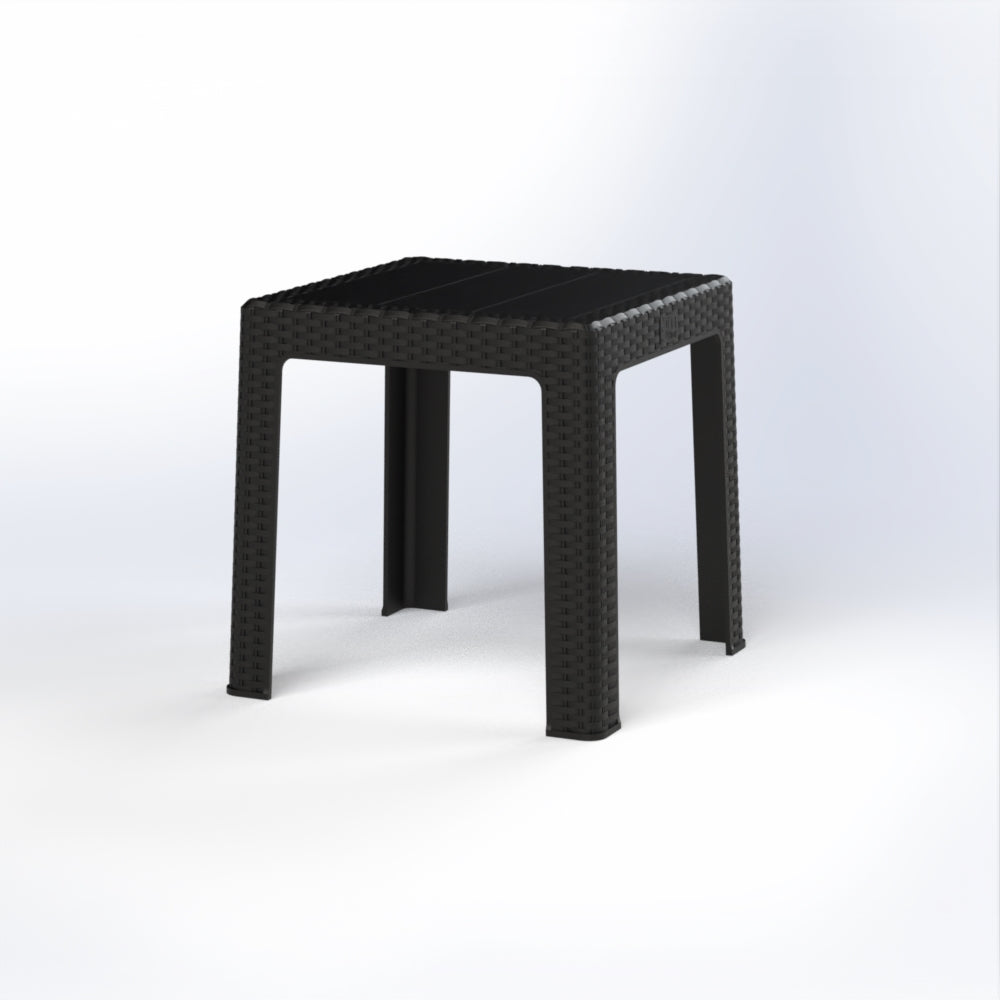 Marcolo black square plastic side table with rattan texture.