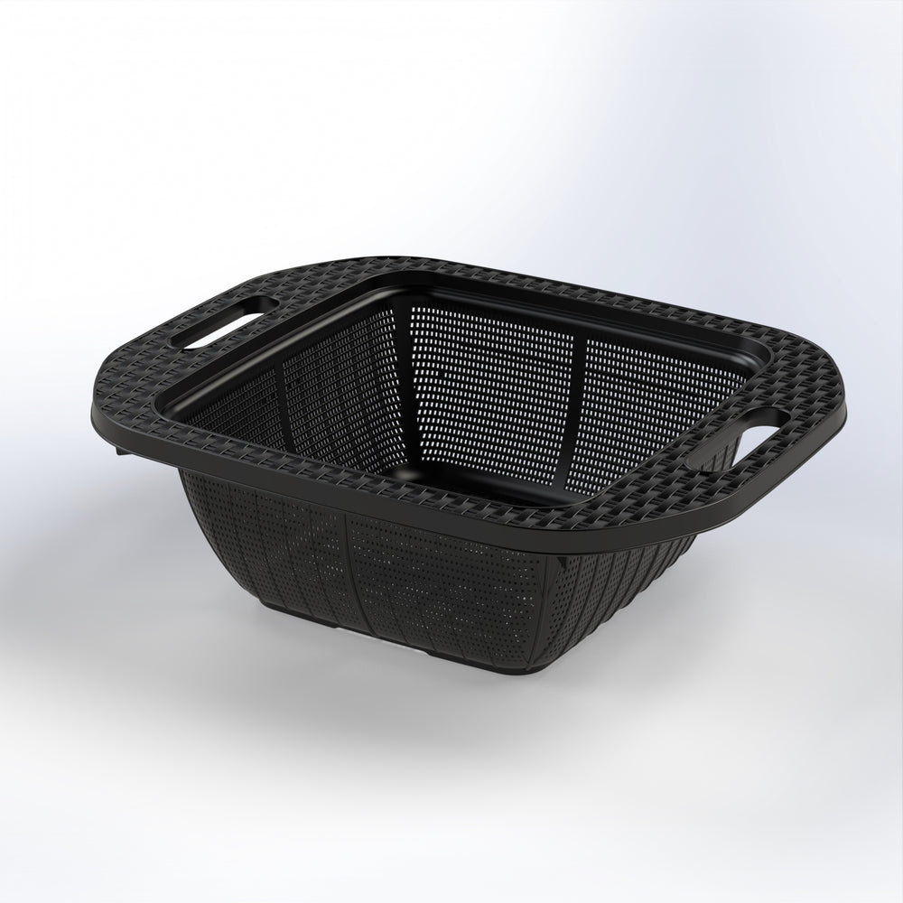 Marcolo black plastic basket with textured rim and handles.
