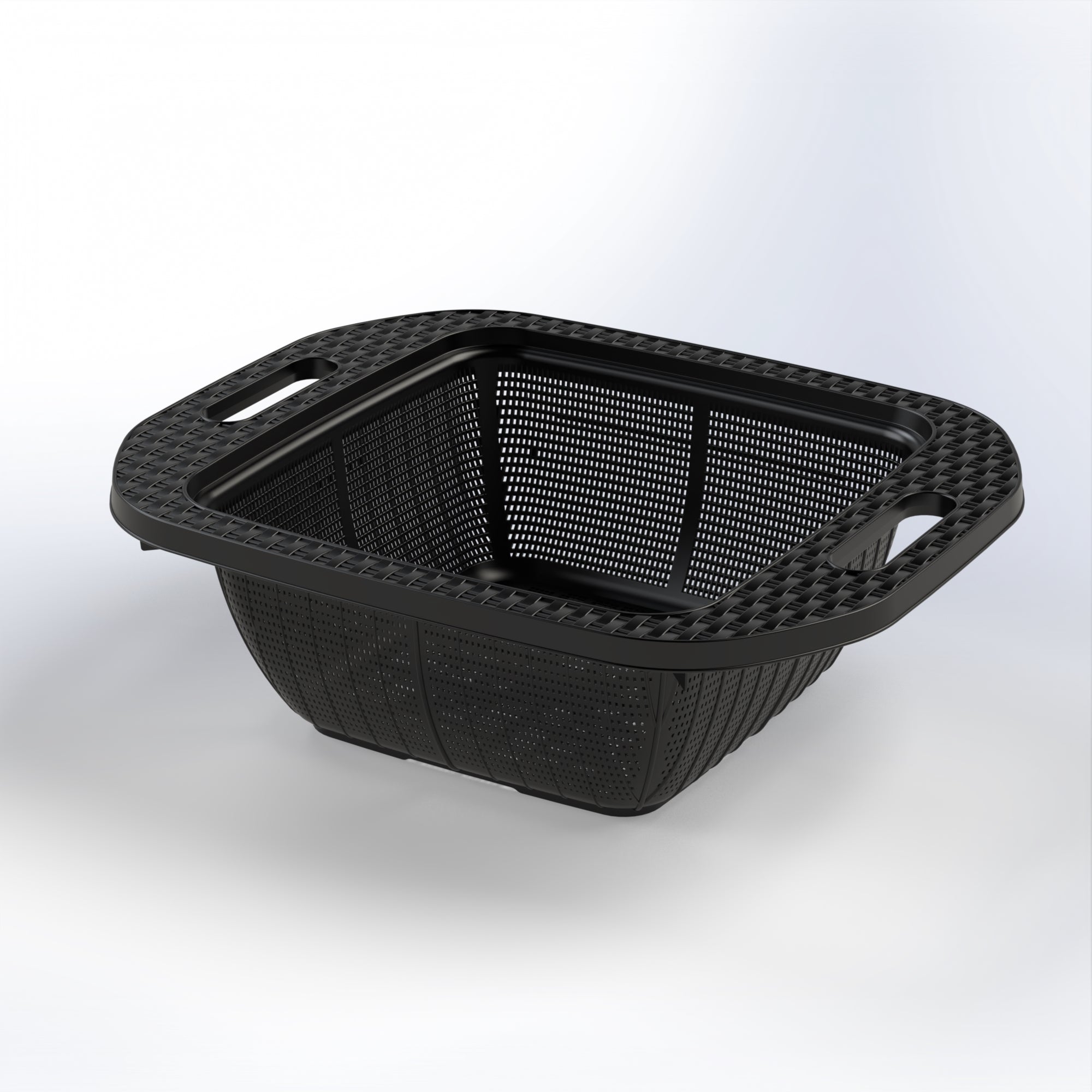 Marcolo black plastic basket with textured rim and handles.
