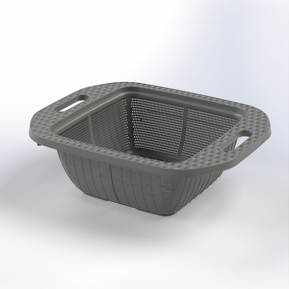 Marcolo grey rectangular plastic colander with textured handles.