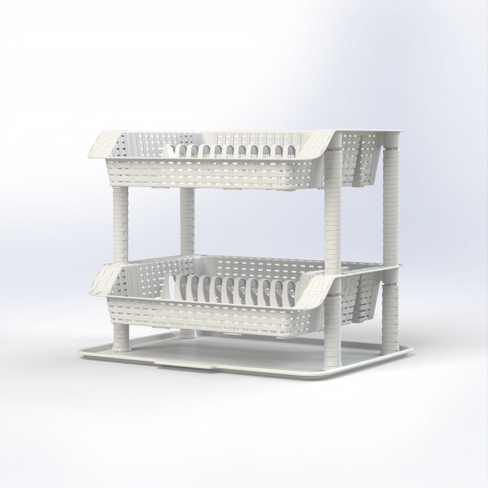Two-tier white plastic Marcolo dish drainer with tray.