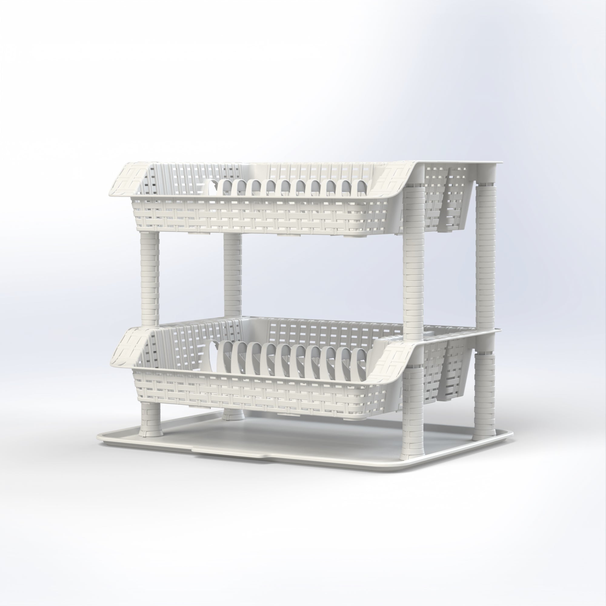 Two-tier white plastic Marcolo dish drainer with tray.