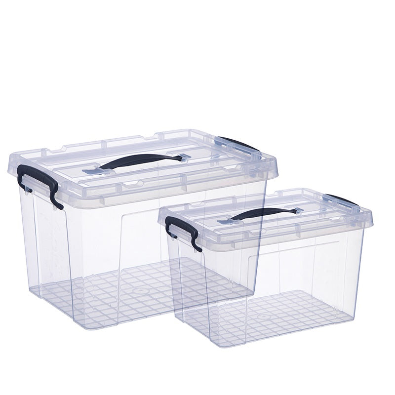 Marcolo set of two clear plastic storage boxes with lids.