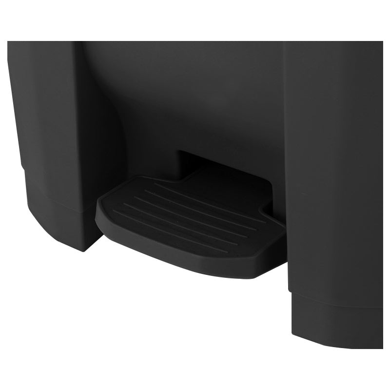 Marcolo black plastic trash can step pedal detail.