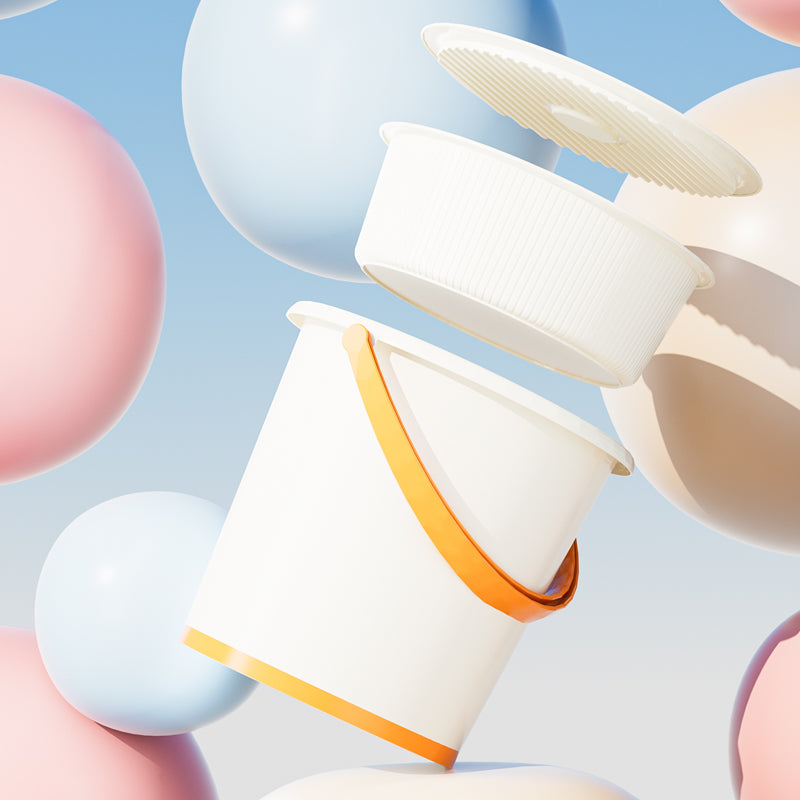 Marcolo floating bucket and bowl on blue background.