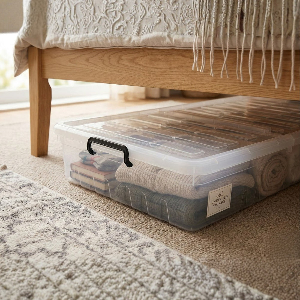 Marcolo 40L underbed storage box with wheels under a bed, filled with bedding