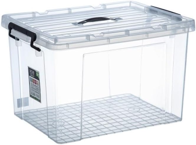 Clear Marcolo storage boxes with black handles and latches.