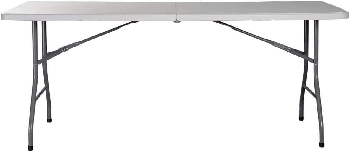 A long, white, plastic Marcolo folding table on metal legs.