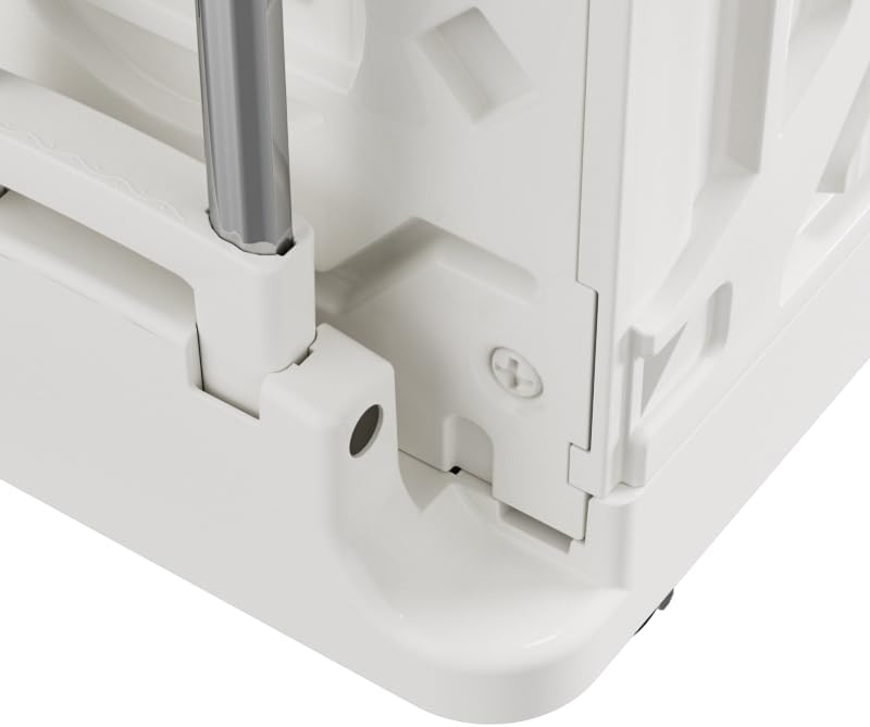Close-up of the corner joint on a white Marcolo plastic storage shelf.