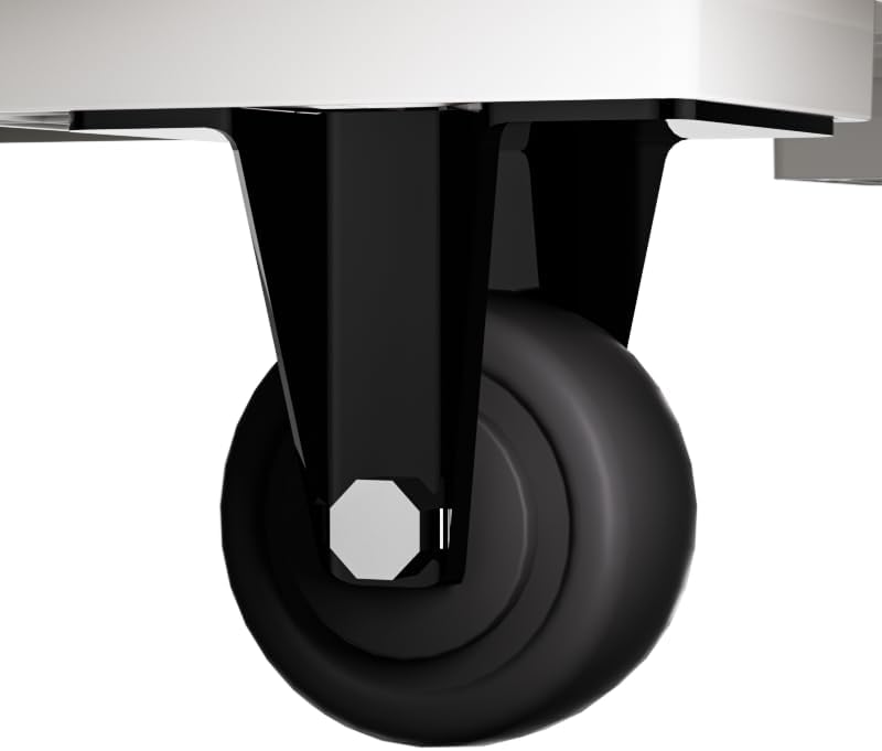 Marcolo black plastic caster wheel and mounting bracket.