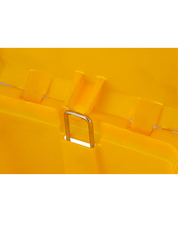 Marcolo yellow plastic storage container hinge detail.