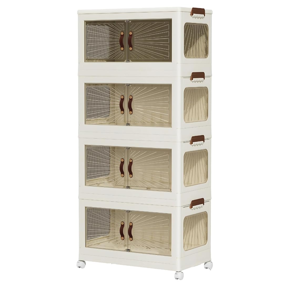 Marcolo 4-tier plastic storage cabinet with clear doors on wheels.
