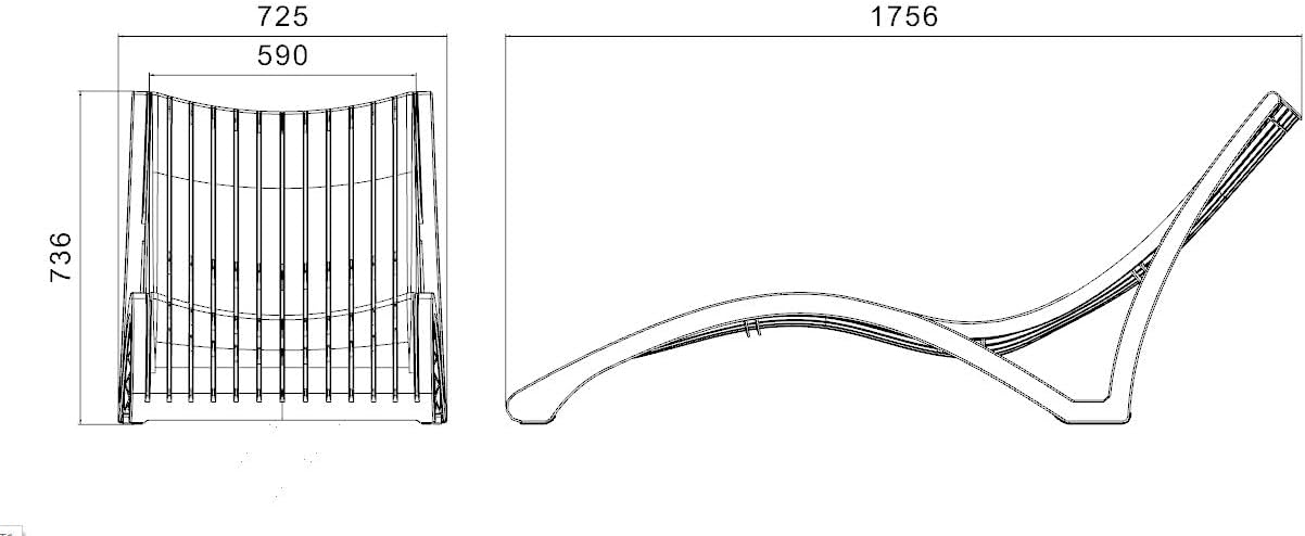 Marcolo chaise lounge blueprint showing top view and side view with measurements.