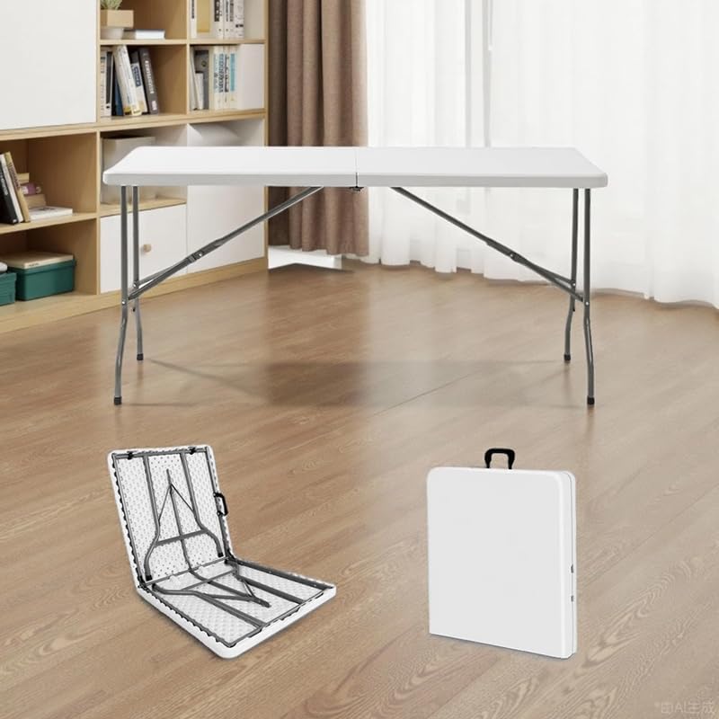 Marcolo white plastic folding table shown set up, folded flat, and folded for carrying.