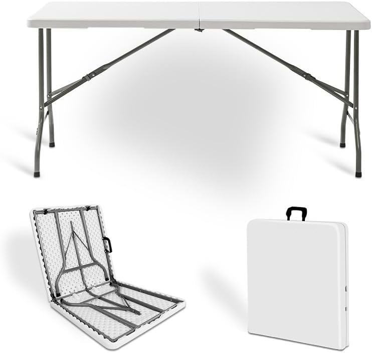 A white, plastic, Marcolo folding table in three states.