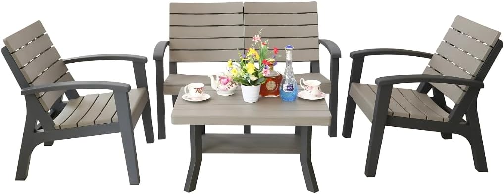 A Marcolo 4-piece grey patio furniture set with a table.