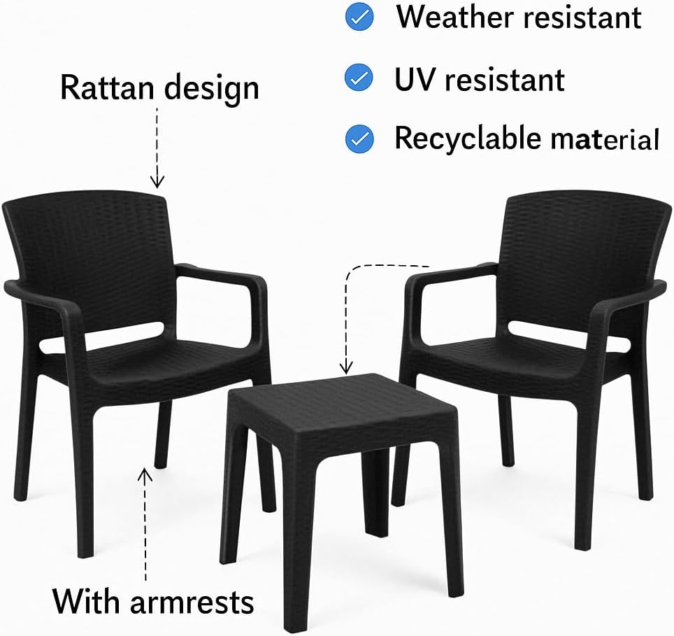 Marcolo 3pc black plastic rattan-style patio set.