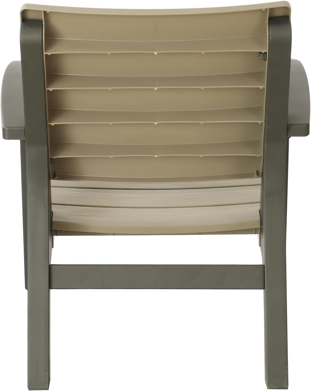 Back view of a Marcolo beige and gray plastic patio chair.