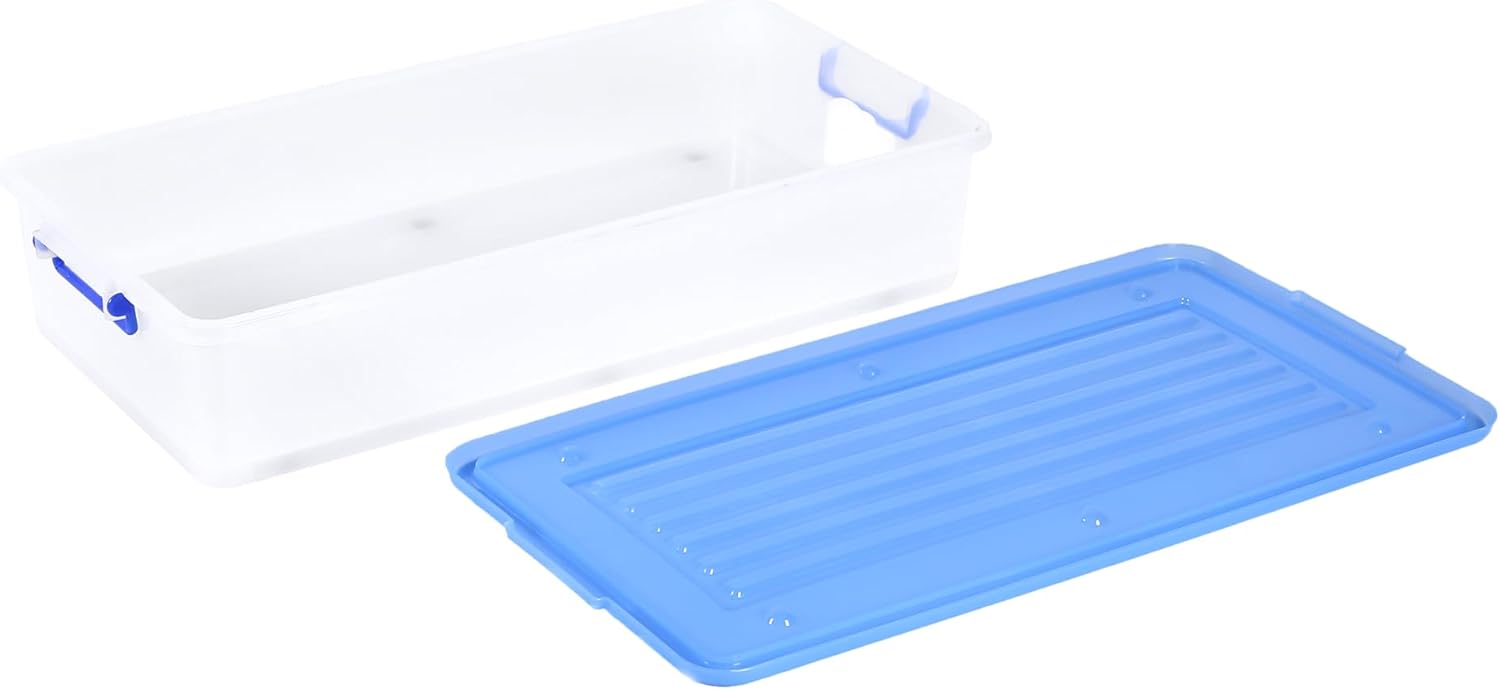 Marcolo rectangular clear storage box with blue vented lid.