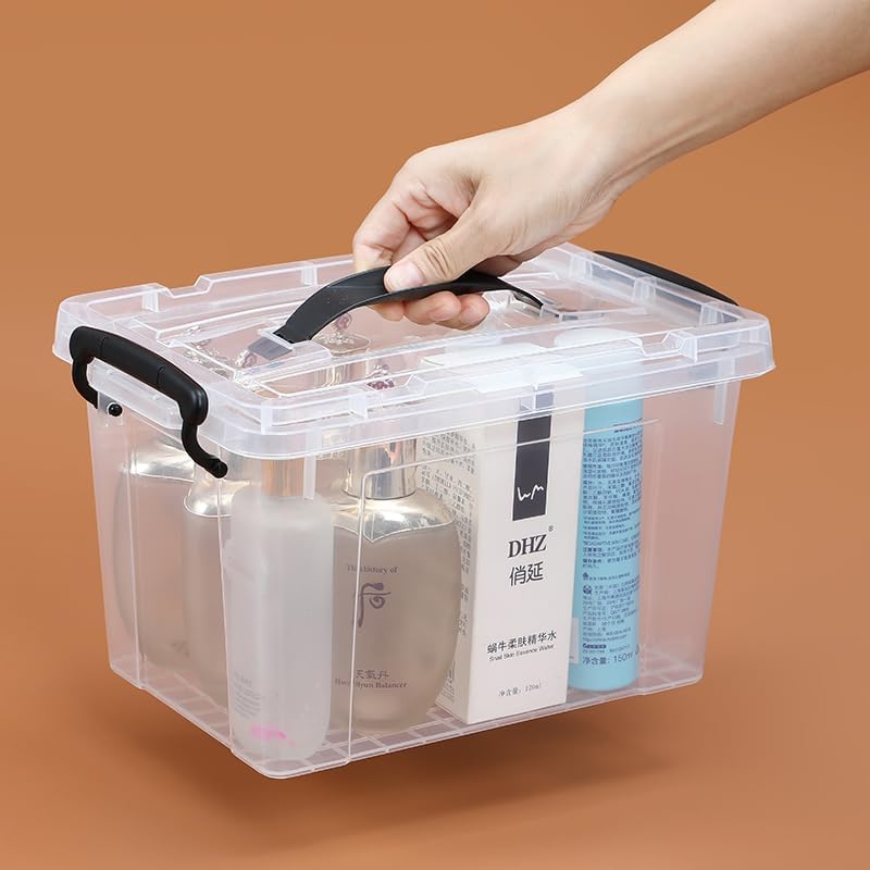 Marcolo clear storage box with handle, held by hand.