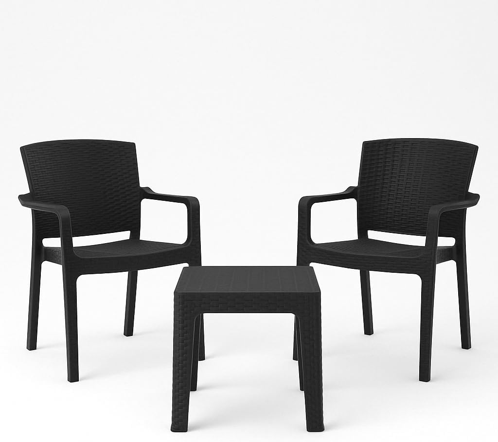 Marcolo 4-piece black woven patio set with white cushions.