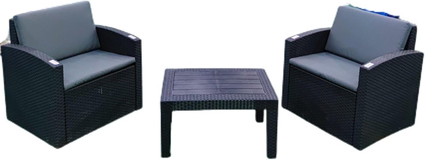 Marcolo 3-piece black rattan patio set with gray cushions.
