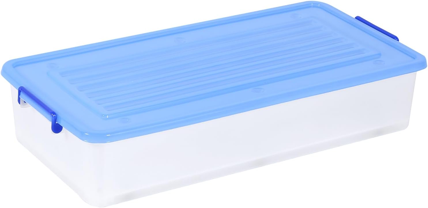 Long, shallow clear storage box with a blue ridged lid.