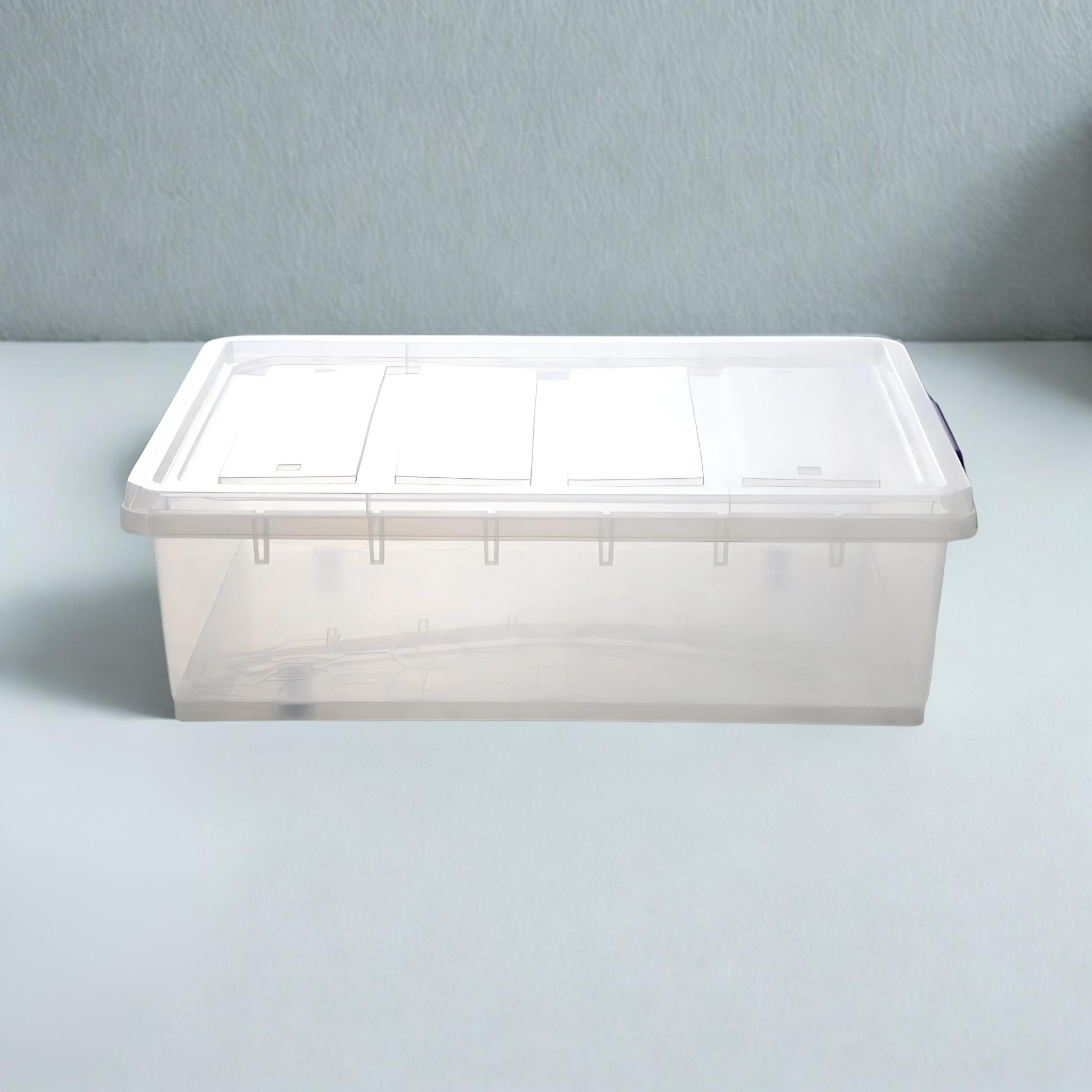 Marcolo shallow clear plastic storage box with clear lid.