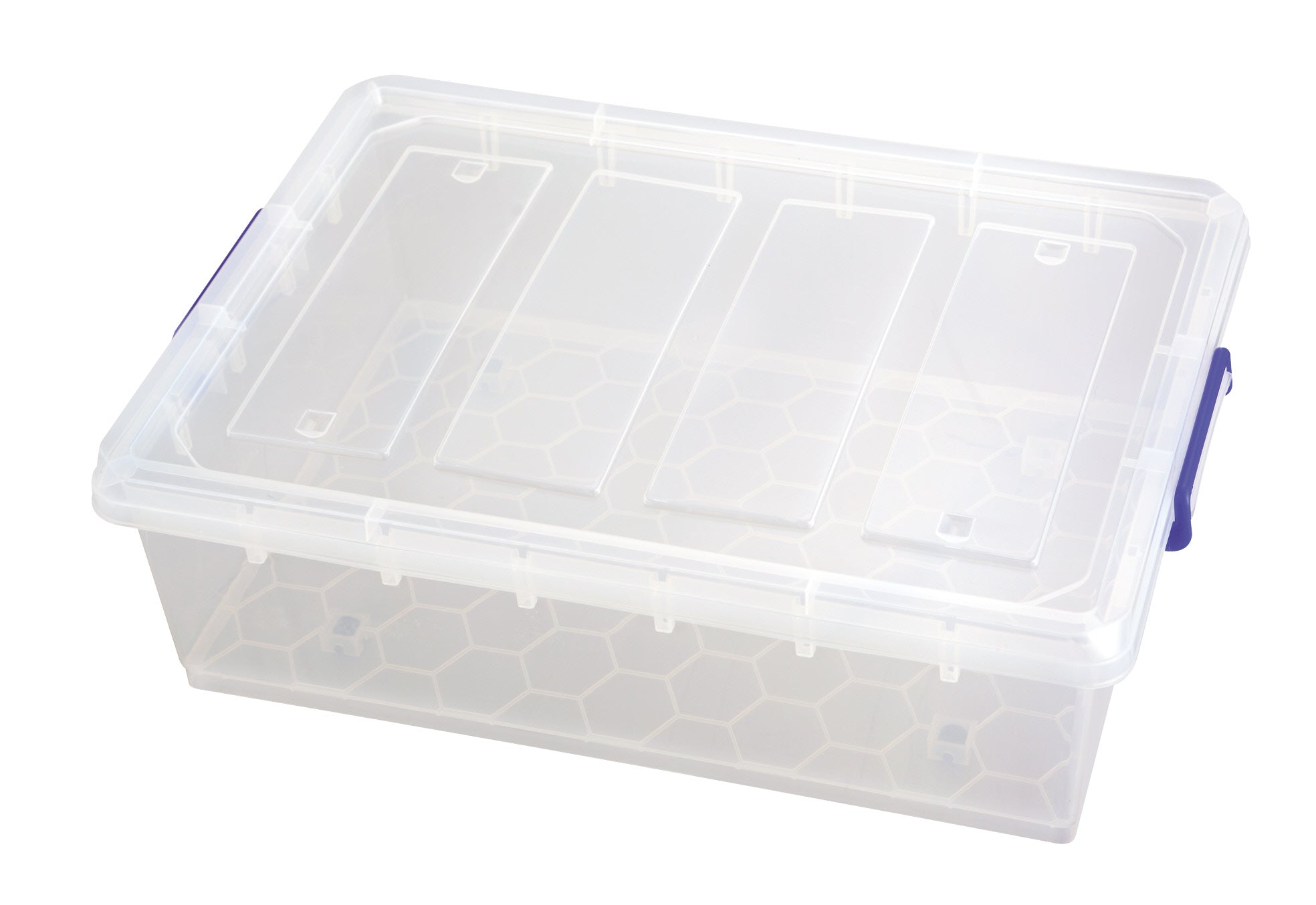 Marcolo clear shallow plastic storage box with blue latches.