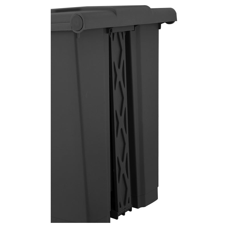 Close-up of the side of a dark-grey Marcolo storage bin.